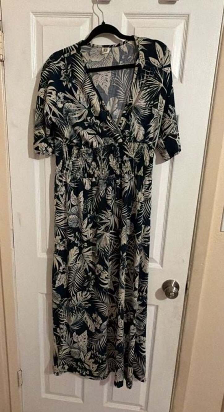 Surprise Design Navy Blue Tropical Leaf Print Smocked Waist Maxi Dress HOM1202-H